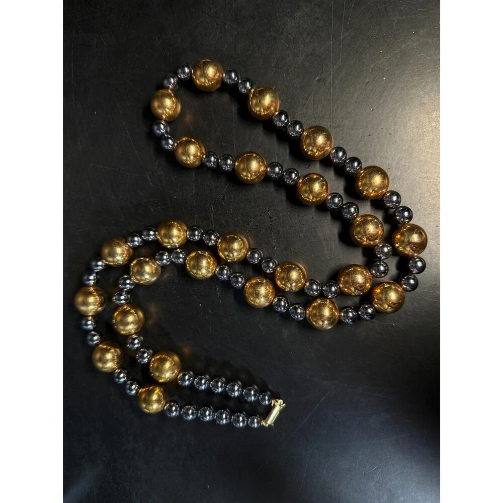 Gold Tone & Gunmetal Beaded Necklace Long Metallic Statement Necklace 41